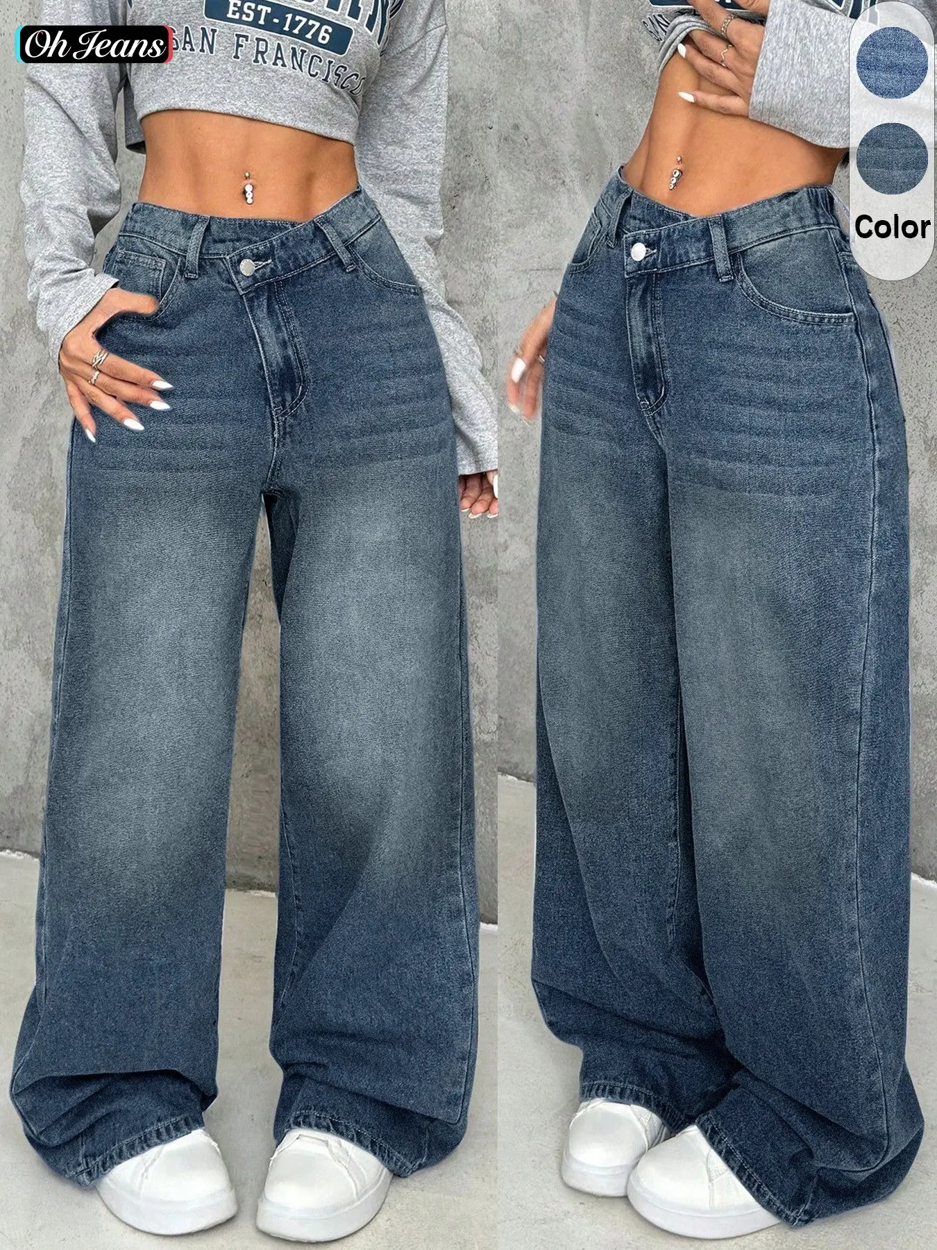 Women's Asymmetrical Waist Denim Jeans, Loose-Fit Straight Leg, Baggy, Oversized, Comfortable Fashion Design, Casual All-Season Wear, Vintage Washed