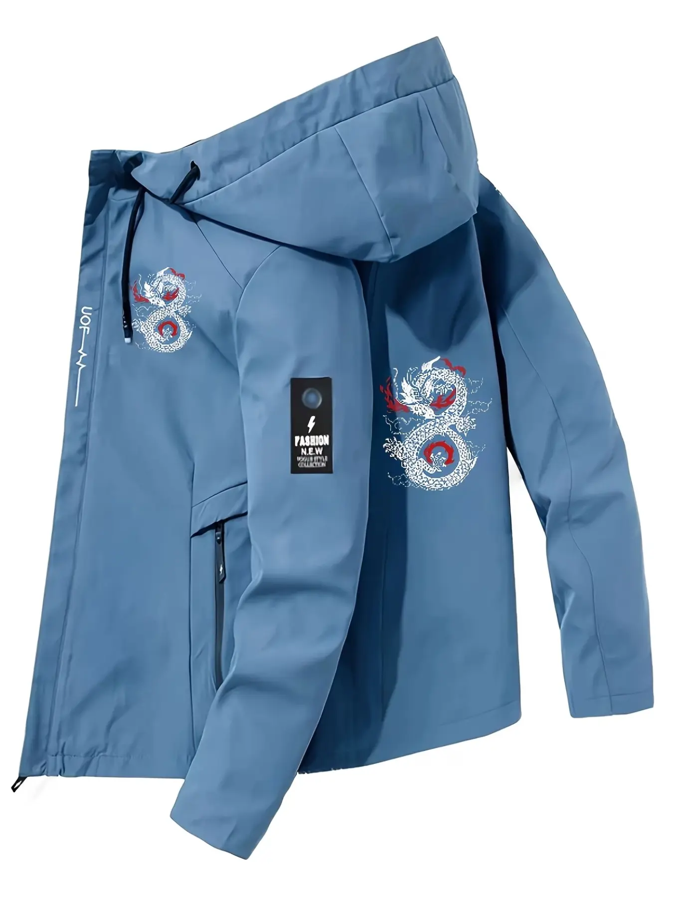 Men's Fall Hooded Jacket, Dragon Print Design, Full Zip Closure, Polyester, Pocket Included, Casual Outdoor Wear