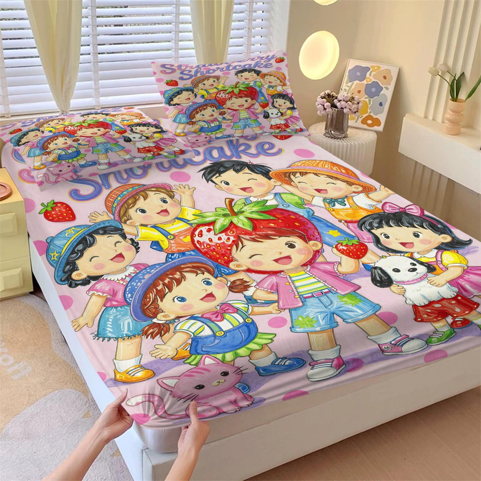 Strawberry Sweetheart Fitted Sheet Set and 2 Pillowcases No Core, Bright Colors, Watercolor Style Characters Collection, Soft Anti-Slip Wrinkle-Resistant, Fairy-Tale Girls Room, Kids Room Decor, Gift Idea