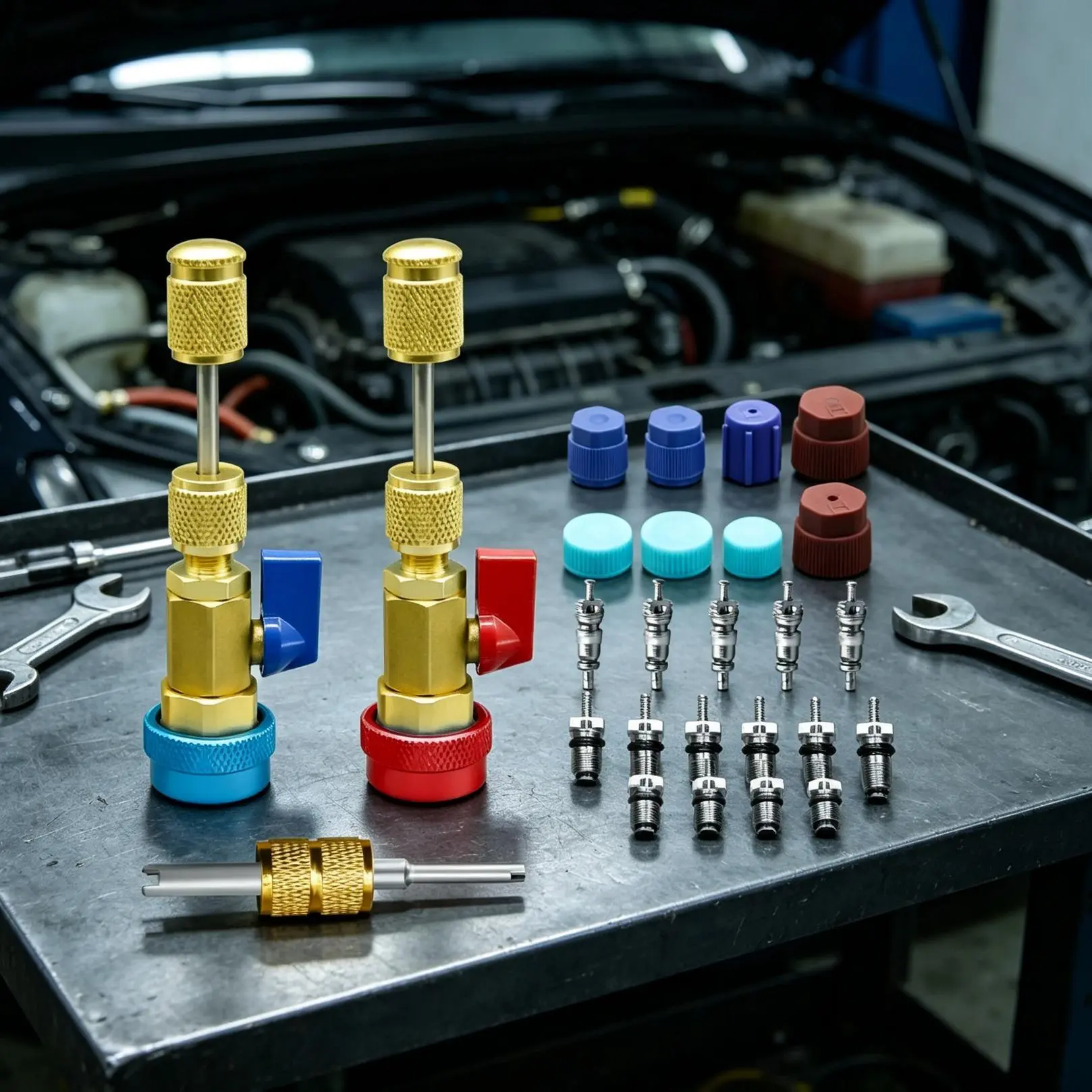 Auto AC Valve Core Quick Remover Installer Kit - Metal Dual-Pressure AC Service Tools Set with Pre-Assembled Port Caps for Automotive Refrigerant Repair Work