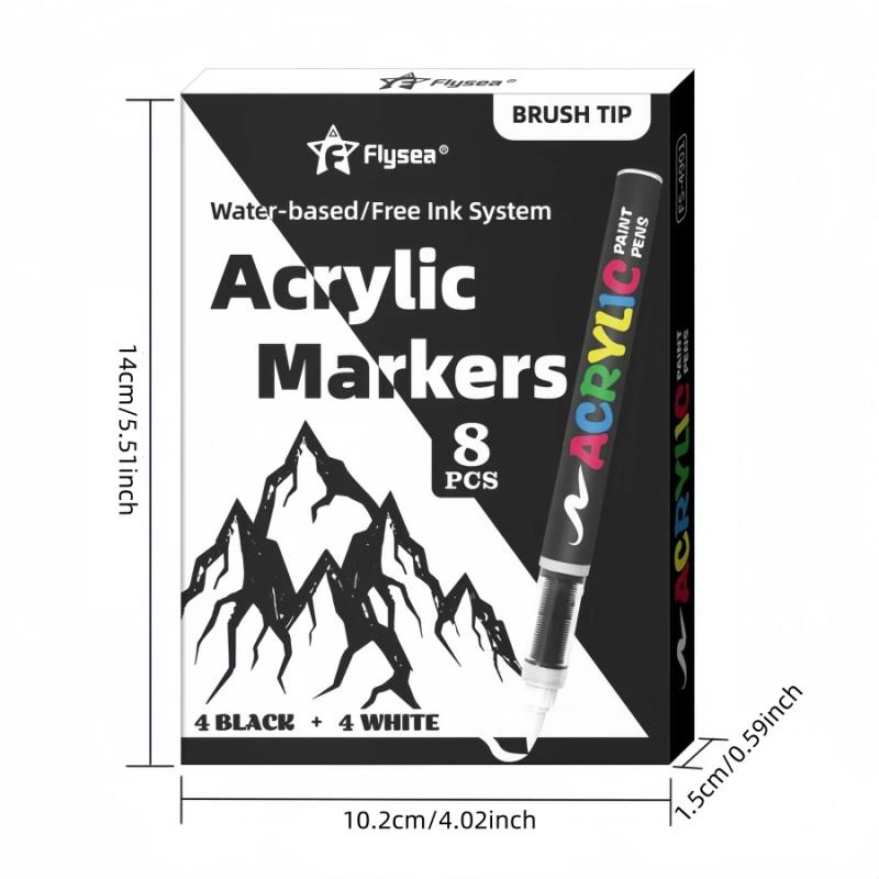 Acrylic Paint Pens Black and White, Automatic Ink Control System,Soft Brush Tip Markers,for Canvas, Rock, Wood, Stone, Glass, Ceramic, Fabric Painting, DIY Crafts, Art Marker Set