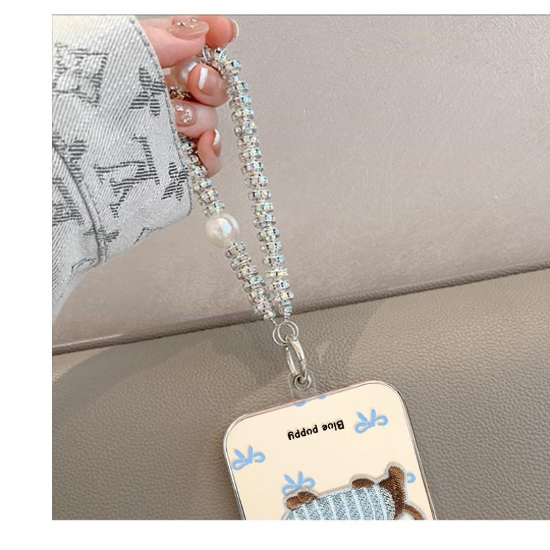 Cute Embroidered Dachshund Phone Case for iPhone 17 Pro Max/17 Pro/17 Air/17, Electroplated Silicone Shockproof Cover with Bling Wrist Strap, Blue Puppy Bowknot Design Protective Case for Women Girls