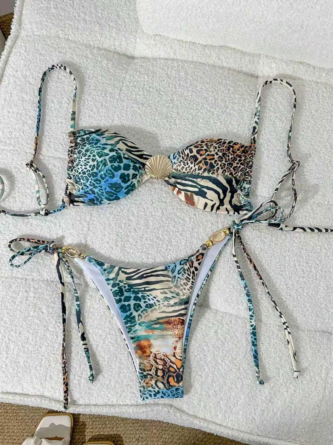 Animal print tie high-stretch bikini, quick-dry two-piece swimsuit for beach vacation, sexy and charming bikini set Bikinis Sets