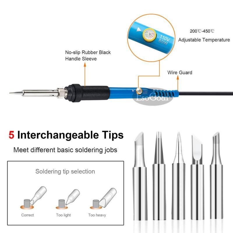 15Pcs/set 60W 220V Soldering Iron Set Electronic Iron Kit 200-450°C Adjustable Temperature Tool Kit Corded Solder Iron