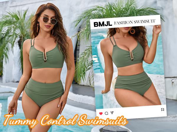 BMJL High Waisted Cutout Crisscross Ruched Womens Modest Tummy Control Two Piece Bikini Sets Full Coverage Swimsuits