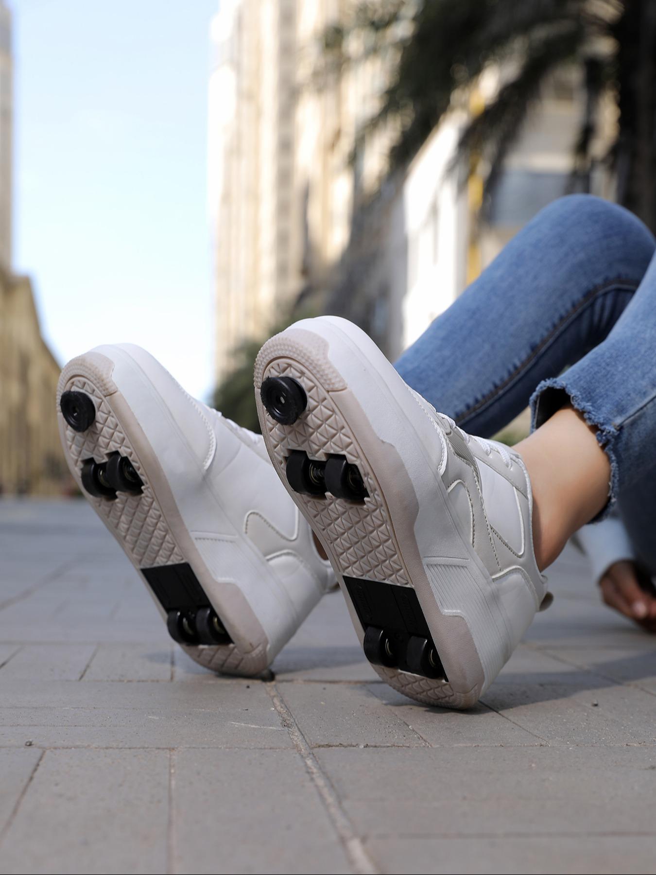 Unisex Button-Operated Four-Wheel Roller Skates, PU Leather Lightweight Durable Dual-Roller Invisible Skate Shoes, All Seasons, Shoes With Wheels