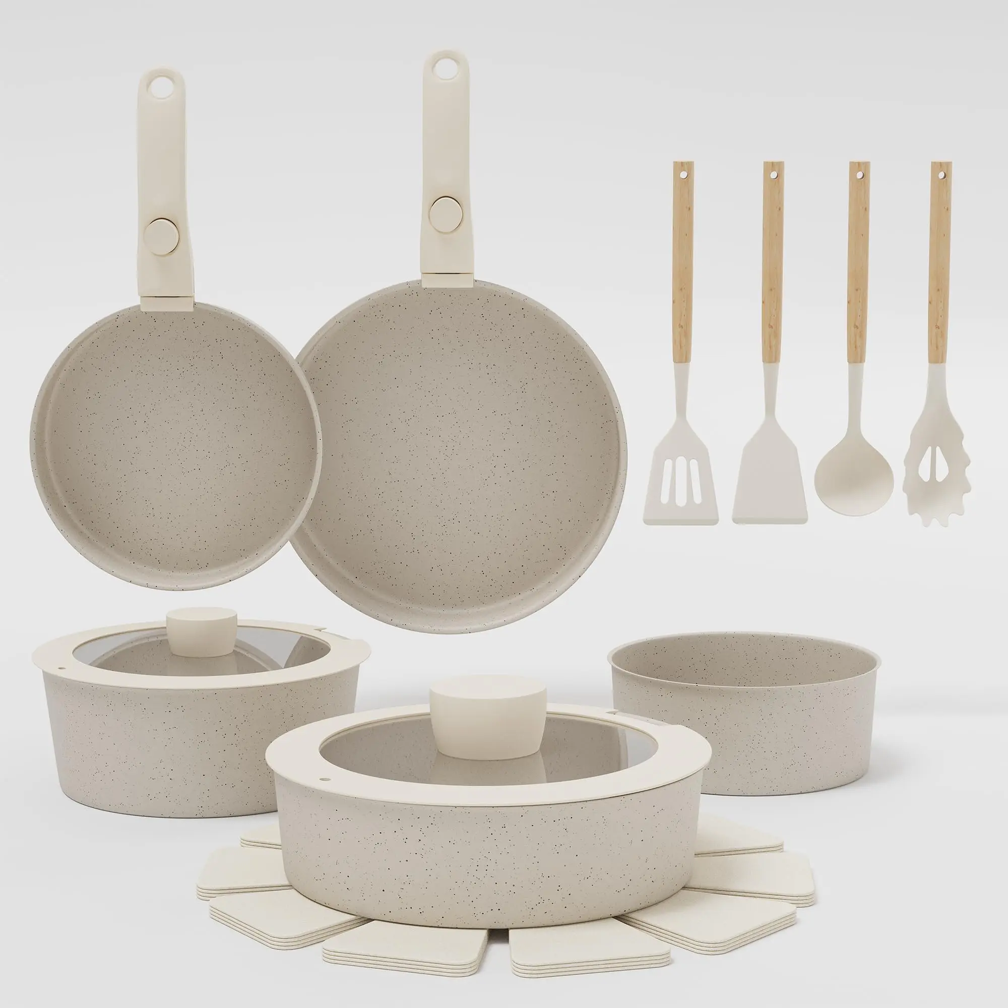 17-Piece Compact Aluminium Nonstick PFOA-Free Cookware Set with Detachable Handles, Space-Saving Stacking Granite Pans/Pots, Lightweight Induction-Safe, Oven-Dishwasher Safe Set with Pan Protectors for Home, Camping, Pfoa Free Cookware Sets