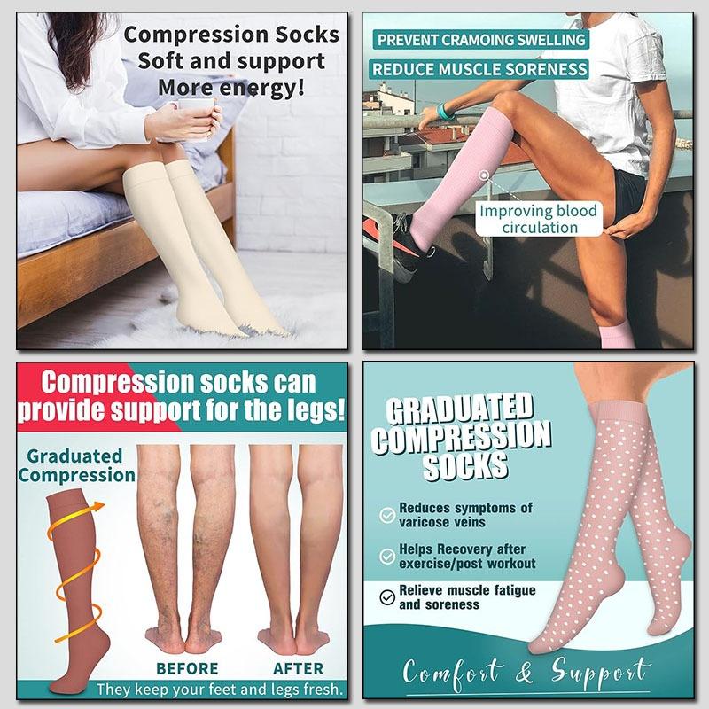 Women's & Men's 6-Pair Aesthetic Minimalist Fabric Compression Socks - Stretchy, Breathable, Comfortable, Modest, Calf-High, Leg Care Coordinates, Combination 51, Hospital Nursing Support for All-Day Standing, Everyday Wear