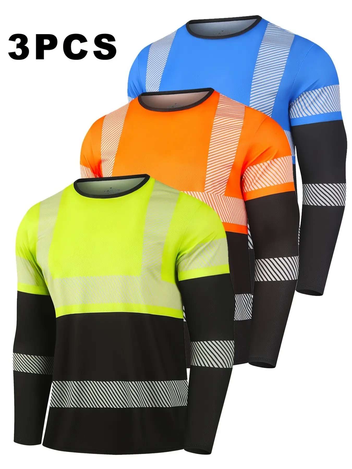 Men's 3-Piece High Visibility Reflective Long Sleeve Work Shirt, Patchwork Round Neck Breathable T-Shirt, Outdoor Casual Top