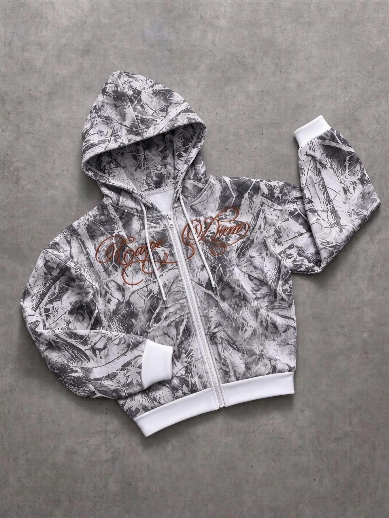 men grey tree camo full print zip up hoodie vintage script embroidery streetwear zip jacket Camouflage