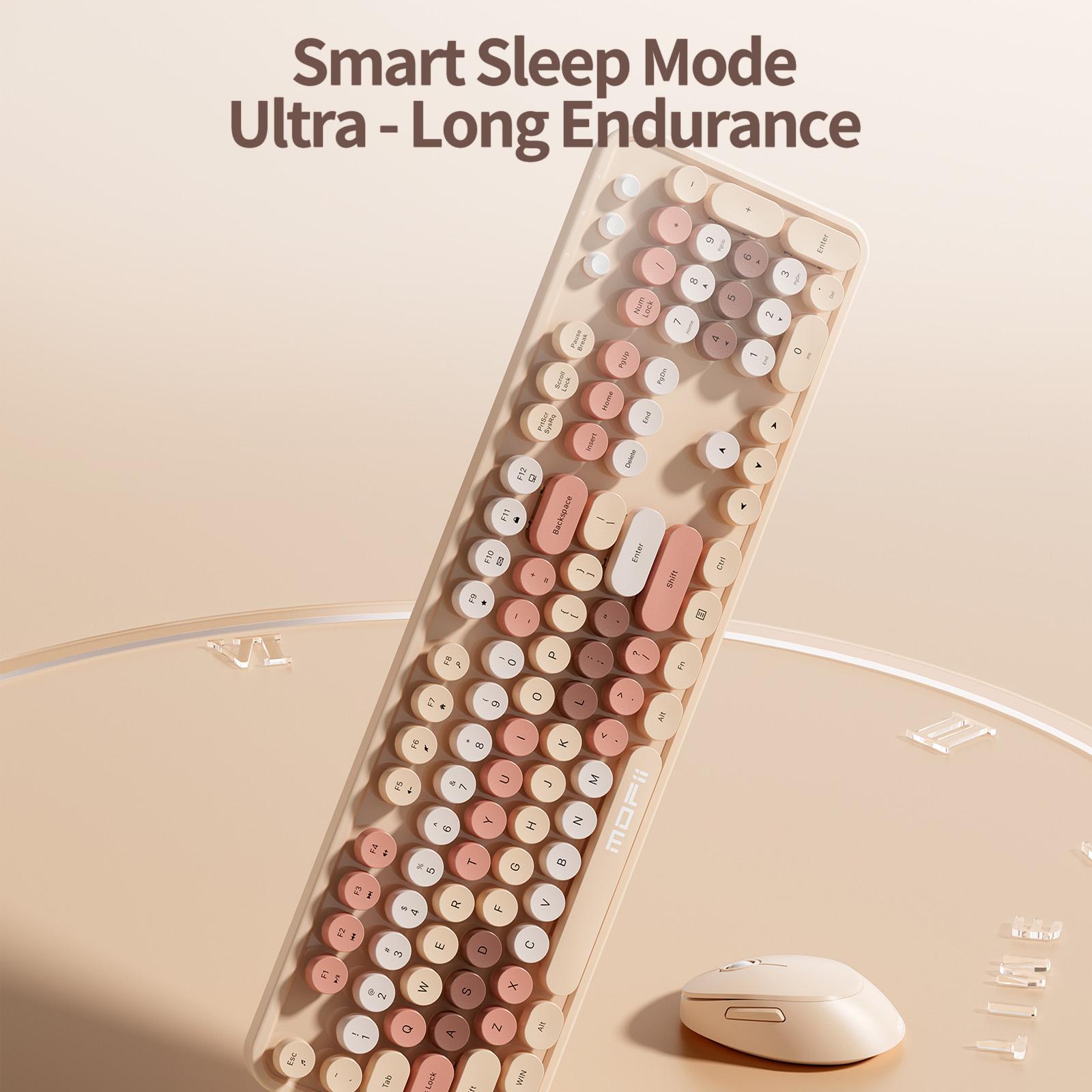 MOFii 1 Set Wireless Keyboard and Mouse Combo, Milk Tea Color Retro Round Keys, 2.4G Plug and Play Office Keyboard Mouse, Compatible with Laptop & Desktop, US Qwerty (Battery Not Included)