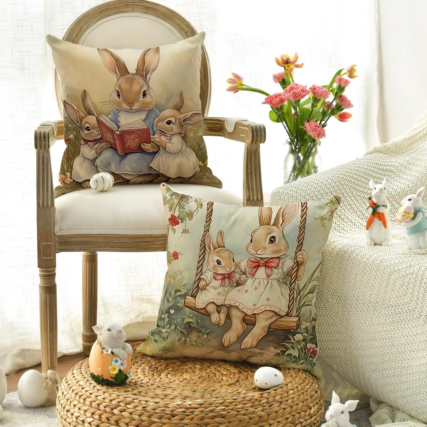 4pcs Easter Cute Rabbit Pillow Cover, Retro Style Cartoon Rabbit Easter Spring/Summer Season Decorative Cushion Cover, 18x18 inch Pillowcase, Farmhouse Holiday Decorative Pillow Cover, Suitable for Living Room, Sofa, Office, Outdoor (No Pillow Core)