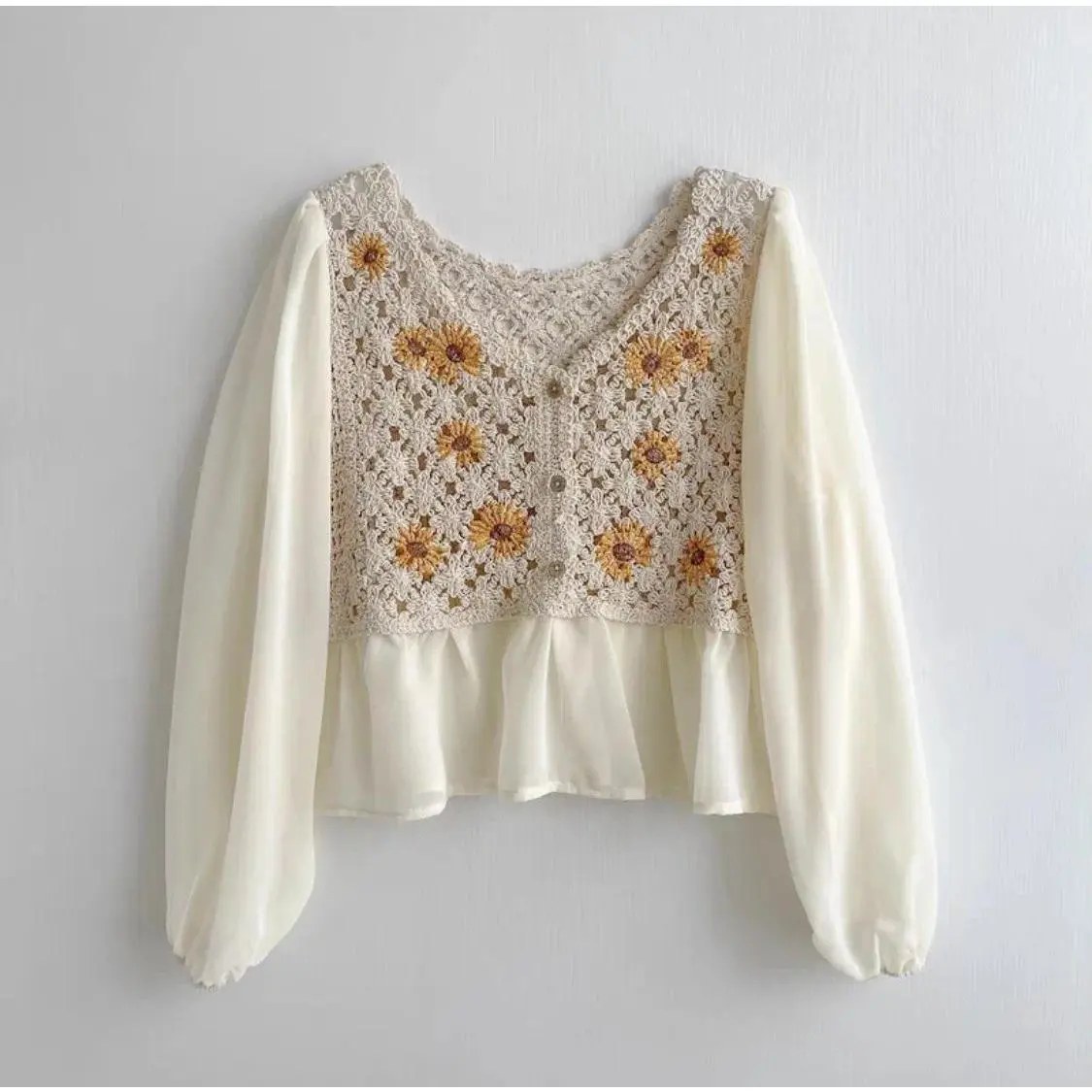Crochet Top Chiffon Flower Embroidery Daisy Long Sleeve Button Front Fake Two-Piece Blouse Spring Summer Fairycore Cottagecore