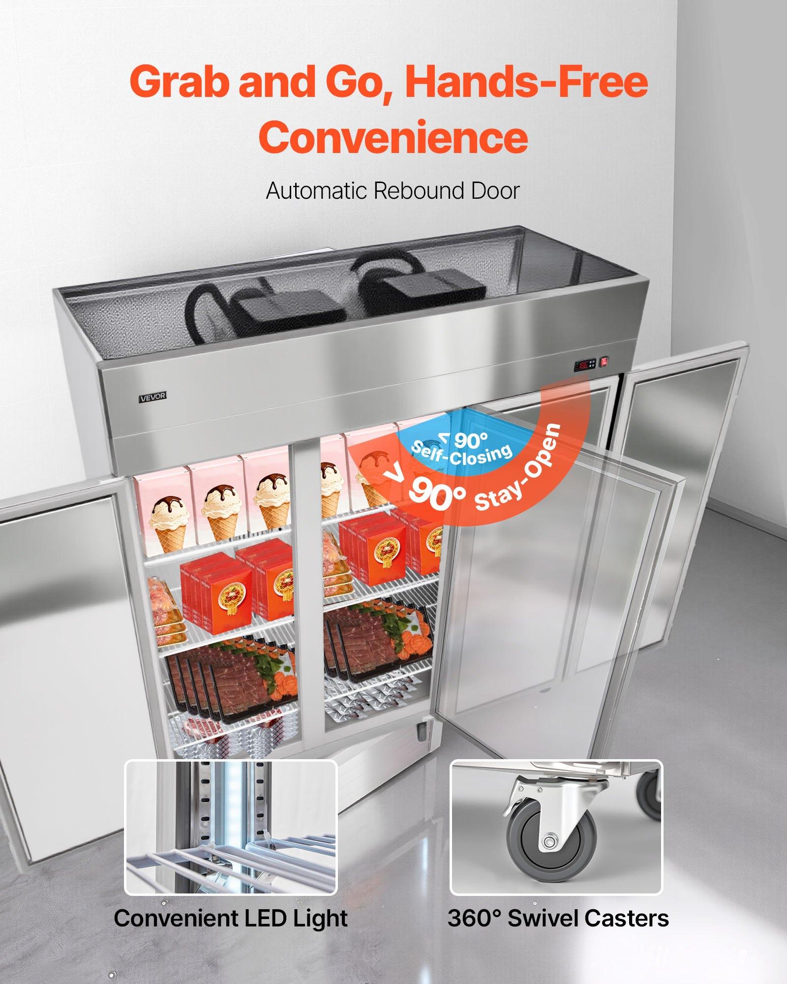 VEVOR Commercial Freezer, 71.65 in Width Reach In Upright-Freezer Three Door, 50.2 Cu. ft Auto-Defrost Stainless Steel Freezer with 12 Adjustable Shelves, -11 to 14 Temp Control, LED Light, 4 Wheels