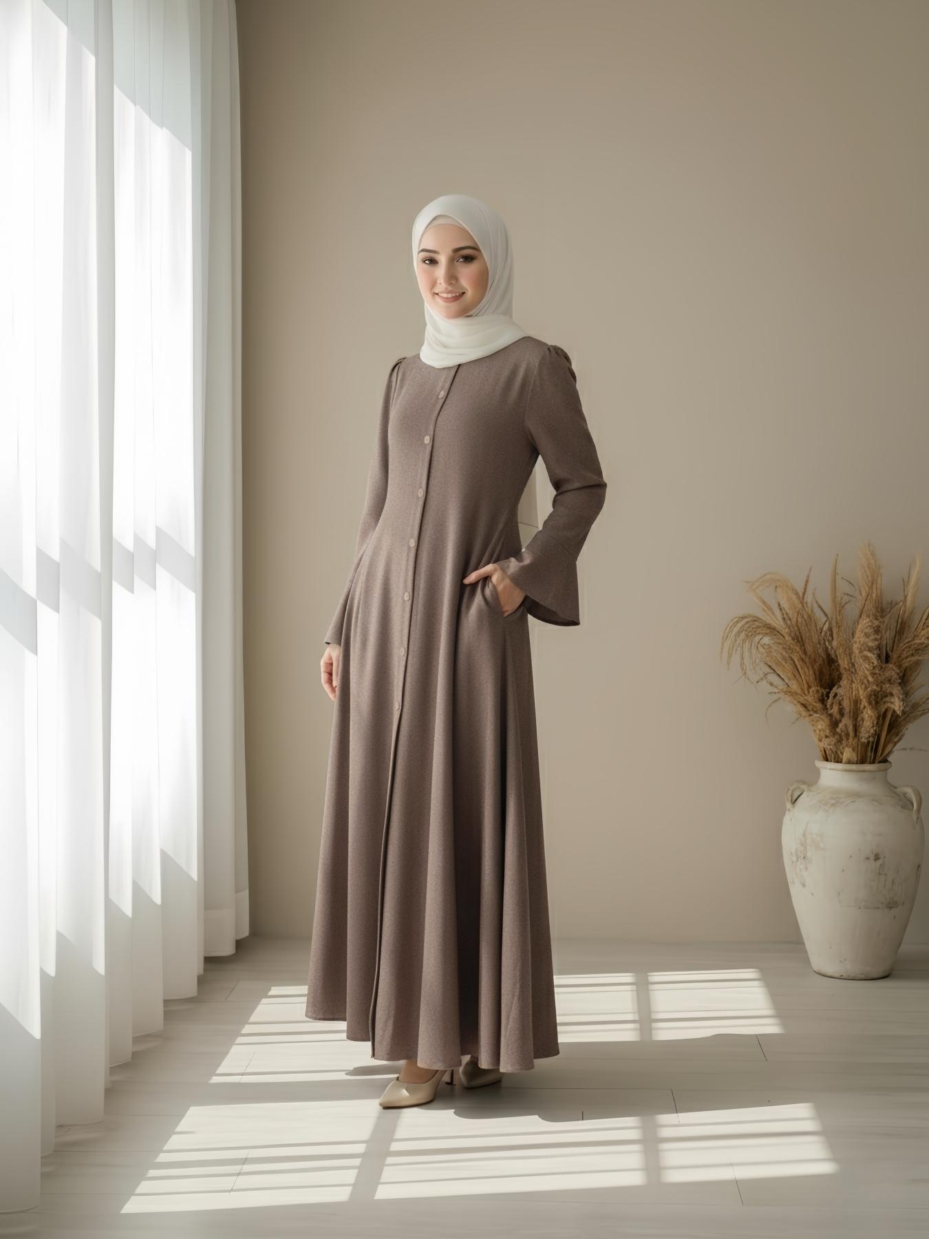 Women's Maxi Abaya Dress with Back Zipper & Pockets, Elegant Long Sleeve Design, Perfect for Casual Wear, Stylish Muslim Clothing, Dress for Daily Wear, Modest Abaya Dress