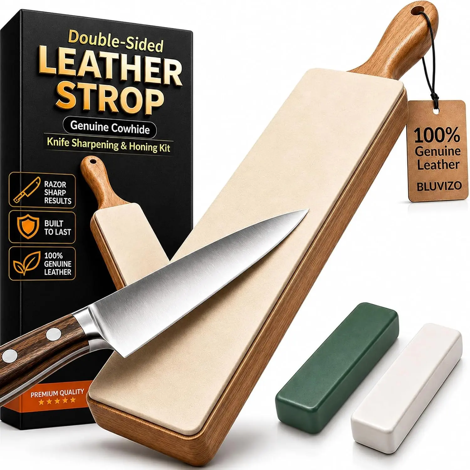 Genuine Vegetable-Tanned Cowhide Leather Knife Sharpening Strop Block - Double-Sided, 2 Grit Compounds, Solid Wooden Handle, Hang-Hole Storage, for Honing Kitchen Knives, Carving Tools & Blades (Brown)