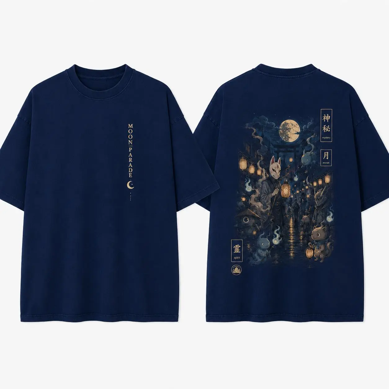 Moon Parade Graphic T-Shirt, Japanese Aesthetic Fox Mask Night Market Tee, Oversized Streetwear Shirt for Men Women casual top