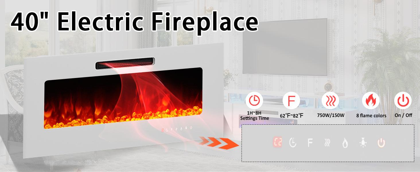 VanAcc Modern Fireplace TV Stand with  Electric Fireplace, High Gloss Finish Media Console with Open Storage for DVD Players, Entertainment Center with LED Lights and Remote Control