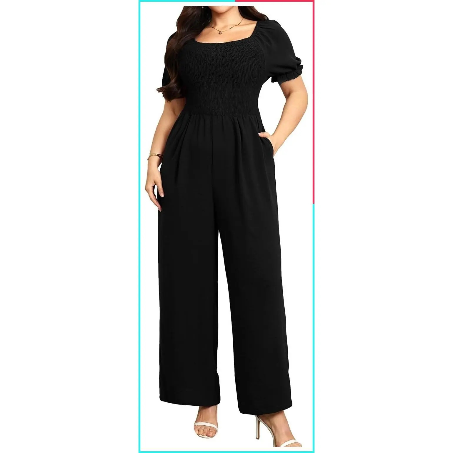 Plus Size Women's Short Sleeve Smocked Square Neck Wide Leg Jumpsuit - Elegant Summer Outfit for Wedding Guests, Cocktail Parties & Vacations