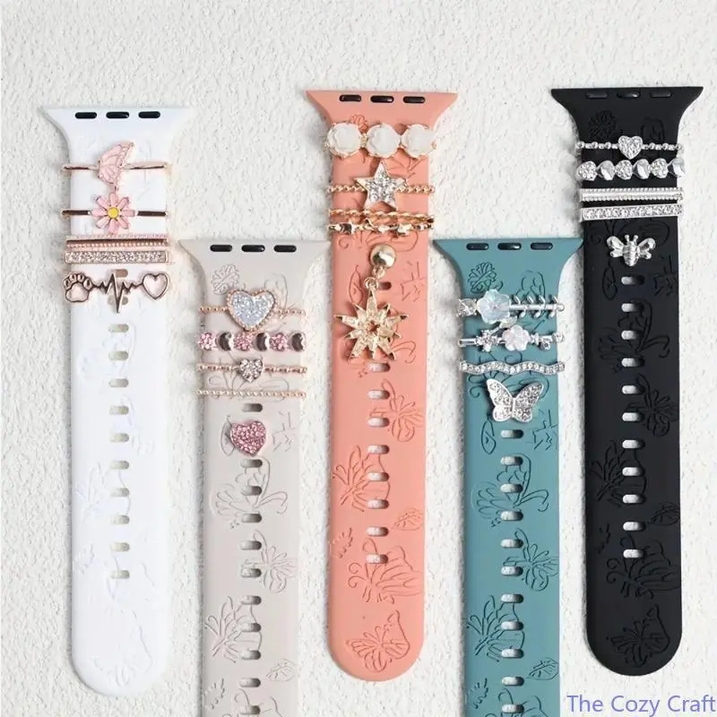 Butterfly‑Engraved Silicone Smartwatch Band With Decorative Rings, Soft Comfort Sport Replacement Wrist Bracelet, Compatible With All Series & Sizes, Daily & Athletic Wearable Accessory, Watch Band Only, Great Back‑to‑School Gift