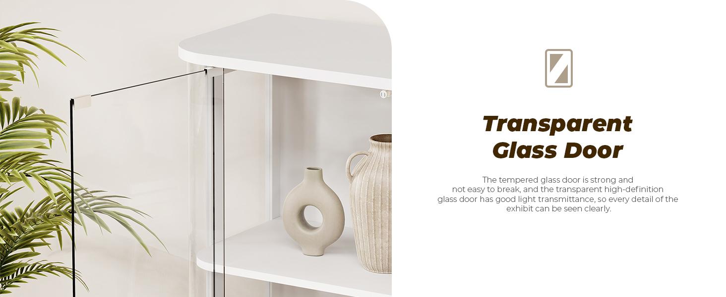 MIIFUNY Large Rounded Display Cabinet with Glass Door, 4-Tier Curio Cabinet with 3 Color Lights for Collectibles, Figures, Glass Display Case with Transparent Full-Display Surface, Human Body Sensor, White