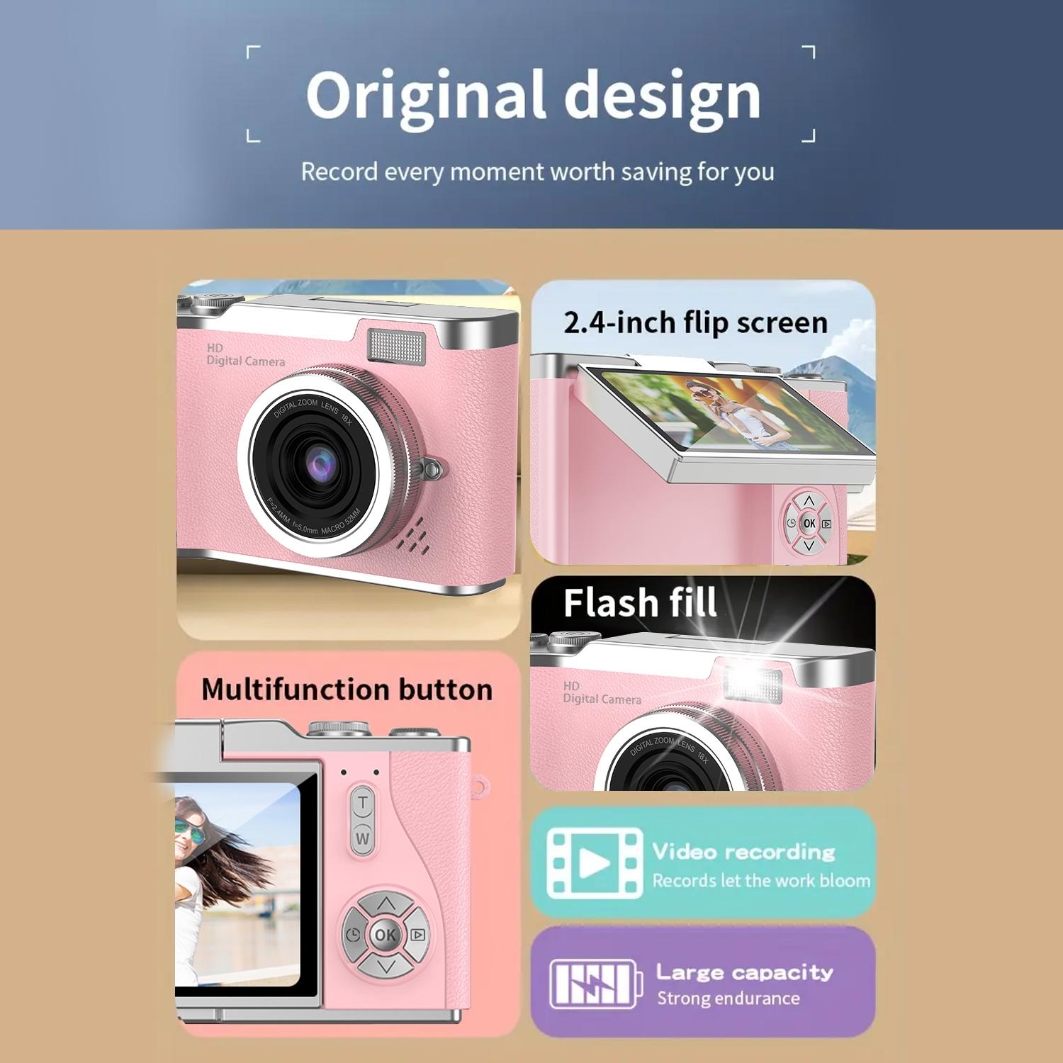 Portable Digital Cam, Student Camera, Compact Pocket Camera, 180° Degree Flip Screen Camera For Women, Entry-Level 1080P Pink Camera With 32GB Memory Card, Video Vlog, Photography, Birthday, Christmas New Year Gift