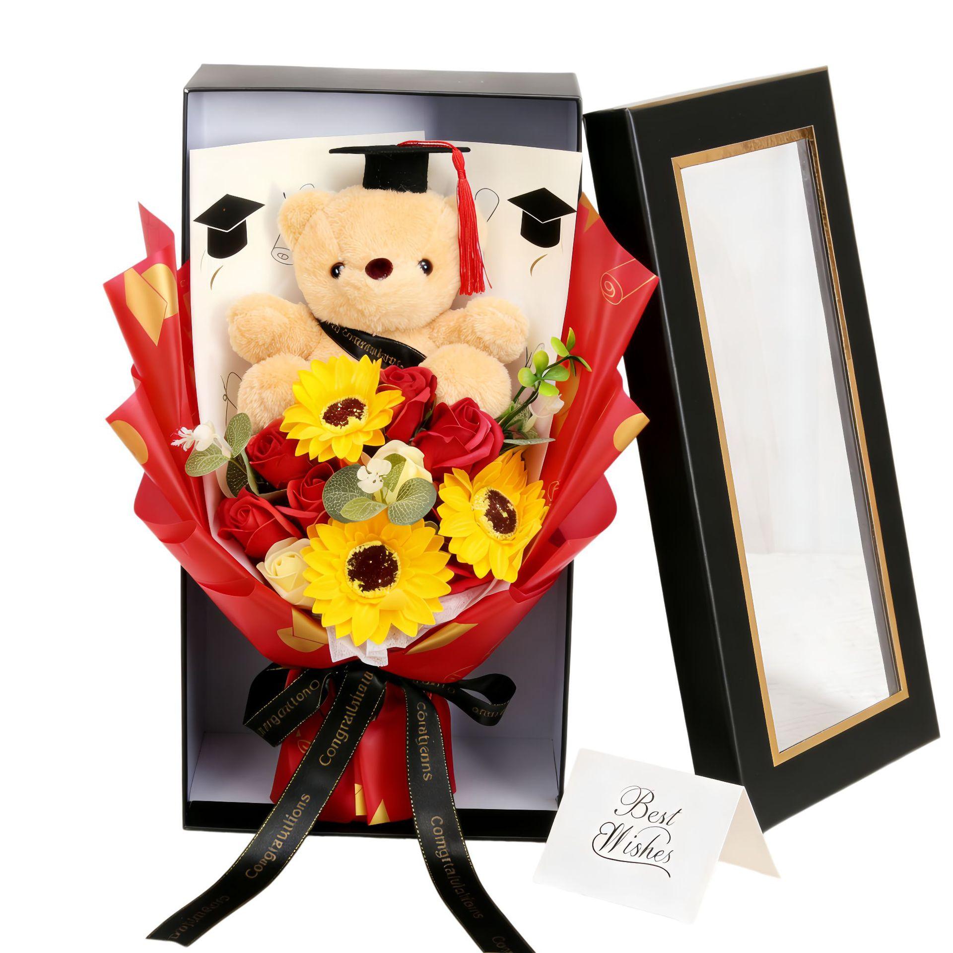 Graduation Teddy Bear Bouquet with Sunflower Soap Flowers, PhD Bear Plush Stuffed Animal in Window Gift Box, Artificial Floral Arrangement, Class of 2026 Gift for Friend