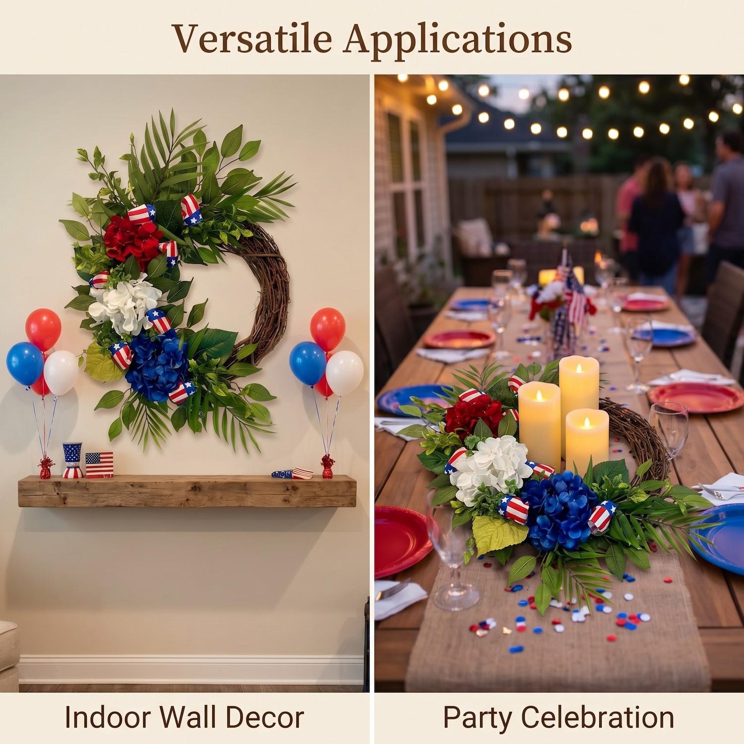 Patriotic Theme Artificial Hydrangea Woven Garland, Blue Hydrangeas with American Flag Design, Rural Cottage Style, Outdoor Decor