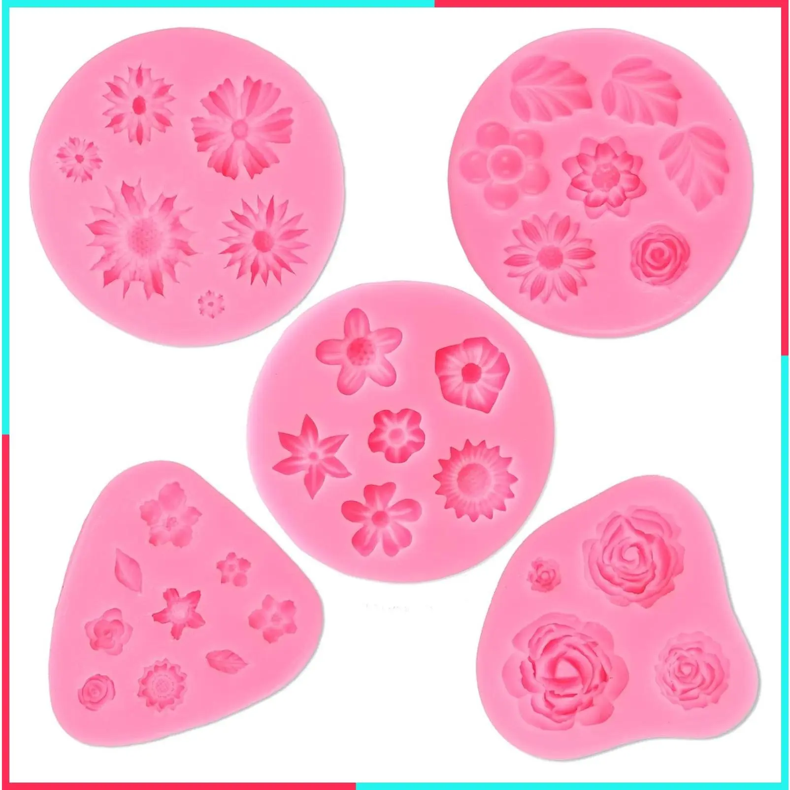 Flower Fondant Cake Molds, Daisy, Rose, Chrysanthemum and Small Flower Candy Silicone Molds for Chocolate, Polymer Clay, Soap Crafting and Cake Decoration (5 Pack)