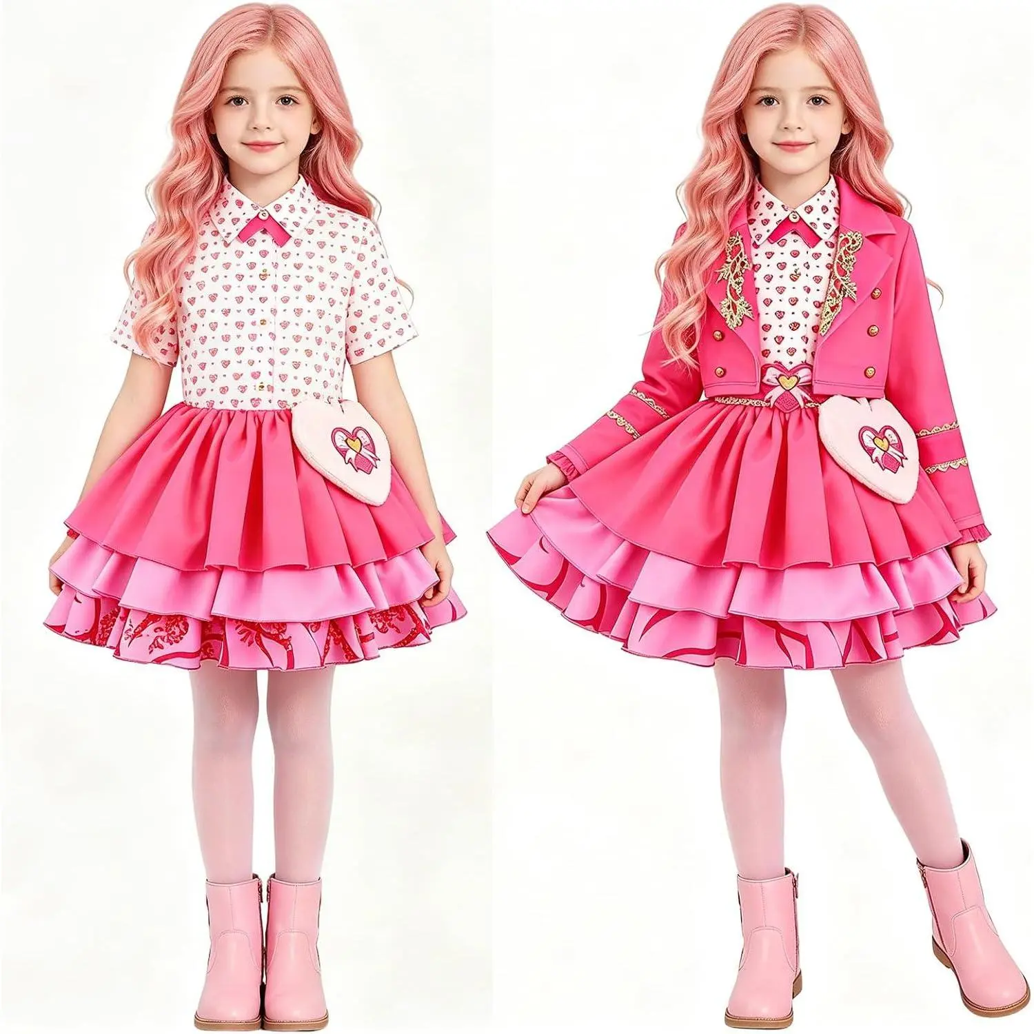 Kids Princess Pink Cosplay Costume Set 4-12Y | 5pcs, Long Sleeves Jacket, Cute Heart Print Dress, with Accessories, Birthday Halloween Party