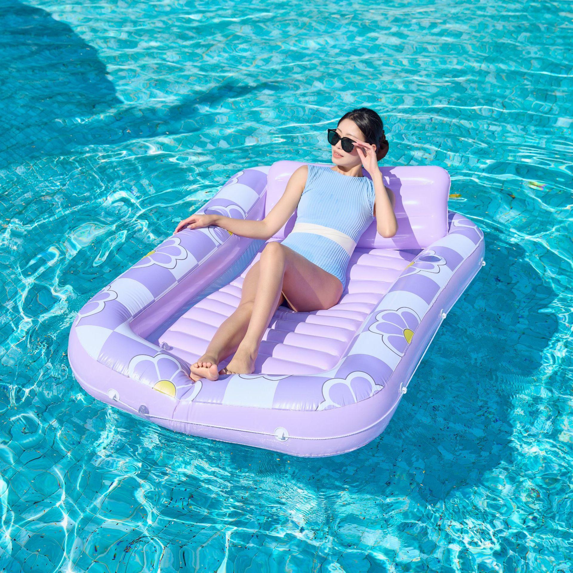 Large Square Inflatable Float Bed with Backrest, Pool Float with Pillow and Cup Holder, 4-In-1 Sunbed, Party Gift, Swim Pool Lounge Chair