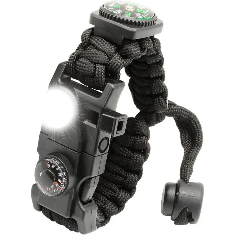 Outdoor activitiesSurvival Paracord Bracelet Adjustable Gear Kit with SOS LED Light, Fire Starter, Bigger Compass, Survival Whistle, Perfect for Camping, Hiking, Fishing