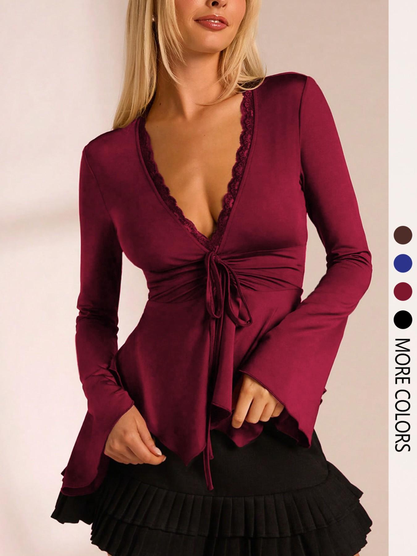 Women's street style slim V-neck long-sleeved bohemian style tie-front sexy top with lace patchwork design, fashionable, casual, everyday and sexy women's clothing for spring and autumn.