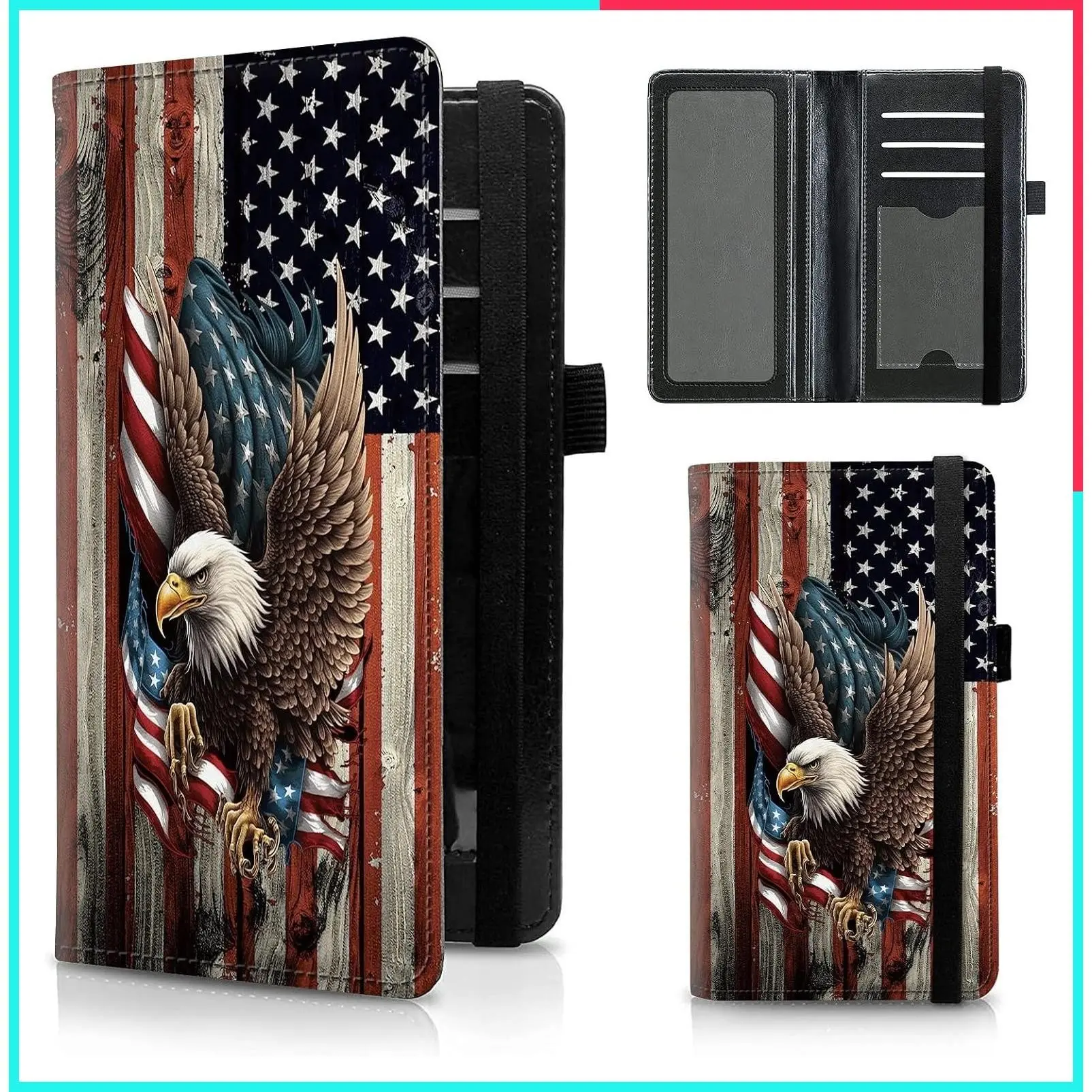 Leather RFID Blocking Checkbook Cover for Men and Women with Elastic Strap - Bald Eagle with Flag Design