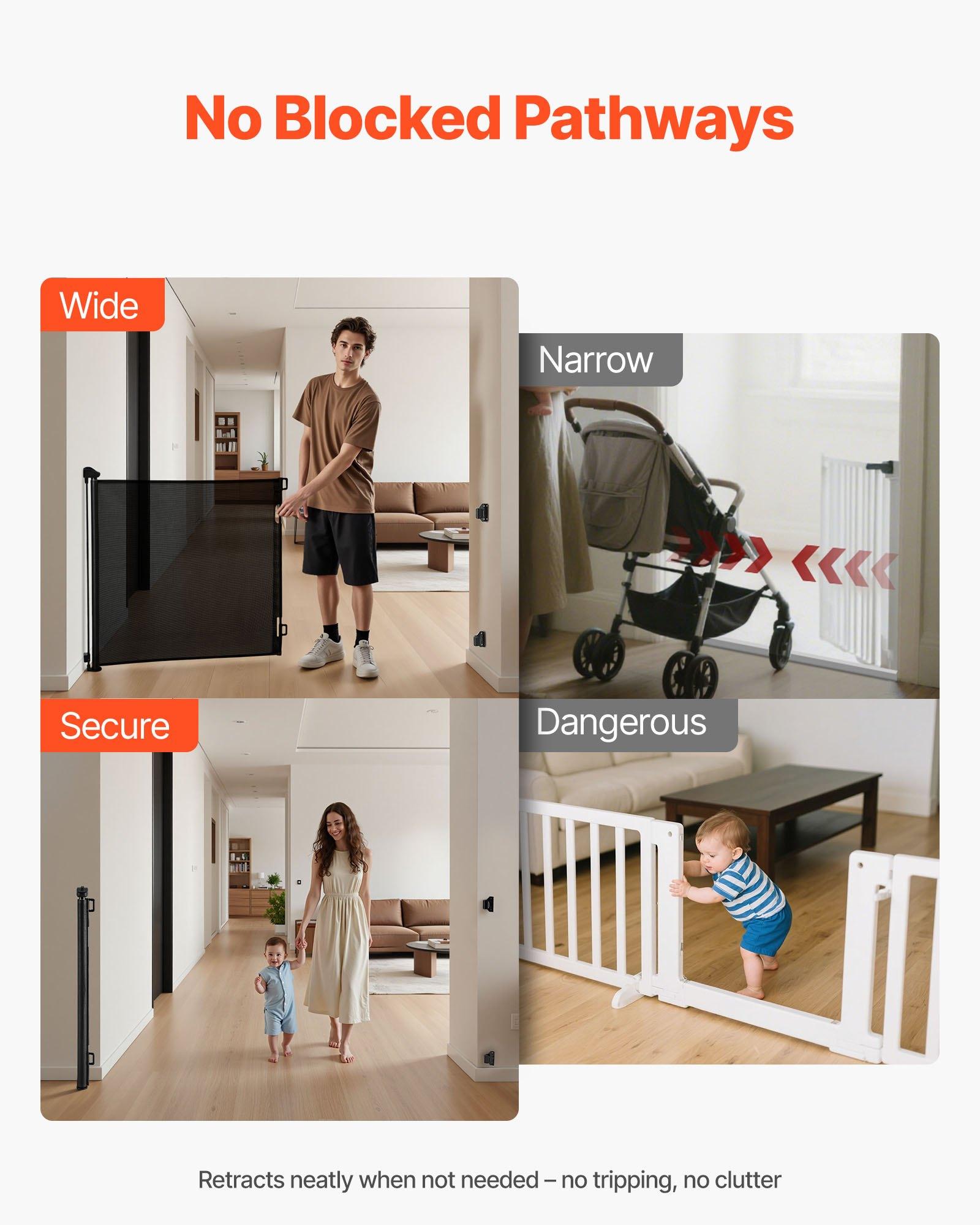 VEVOR Mesh Fabric Retractable Baby Gate - 57 in Wide Extendable, 38.5 in Tall, Security Lock, Easy-to-Use Walk-Through, Tripping-Free, for Stairs, Hallways, Black Indoor/Outdoor Pet Gate