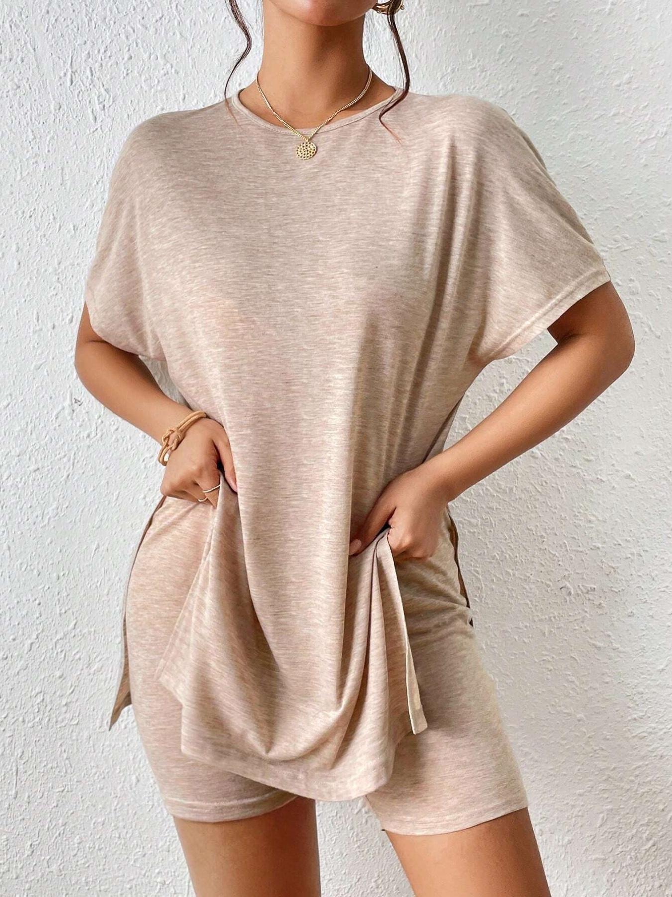Women's Summer Casual Set, Batwing Sleeve Round Neck Top and Shorts, Plain Color, Comfortable Daily Wear, Trendy Youth Fashion, Womenswear
