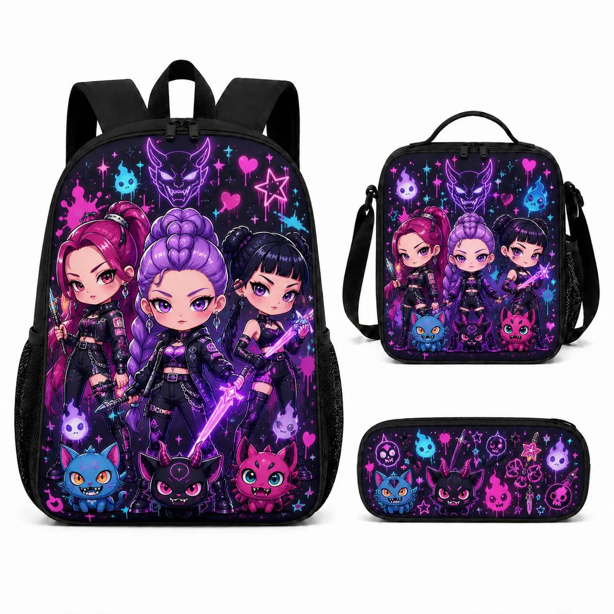 Cool cartoon girl-group themed sports backpack collection (8 designs)—available as a single backpack or a 3-piece set including a lunch bag and pencil case; featuring purple tones, suitable for back-to-school, travel, and sports.