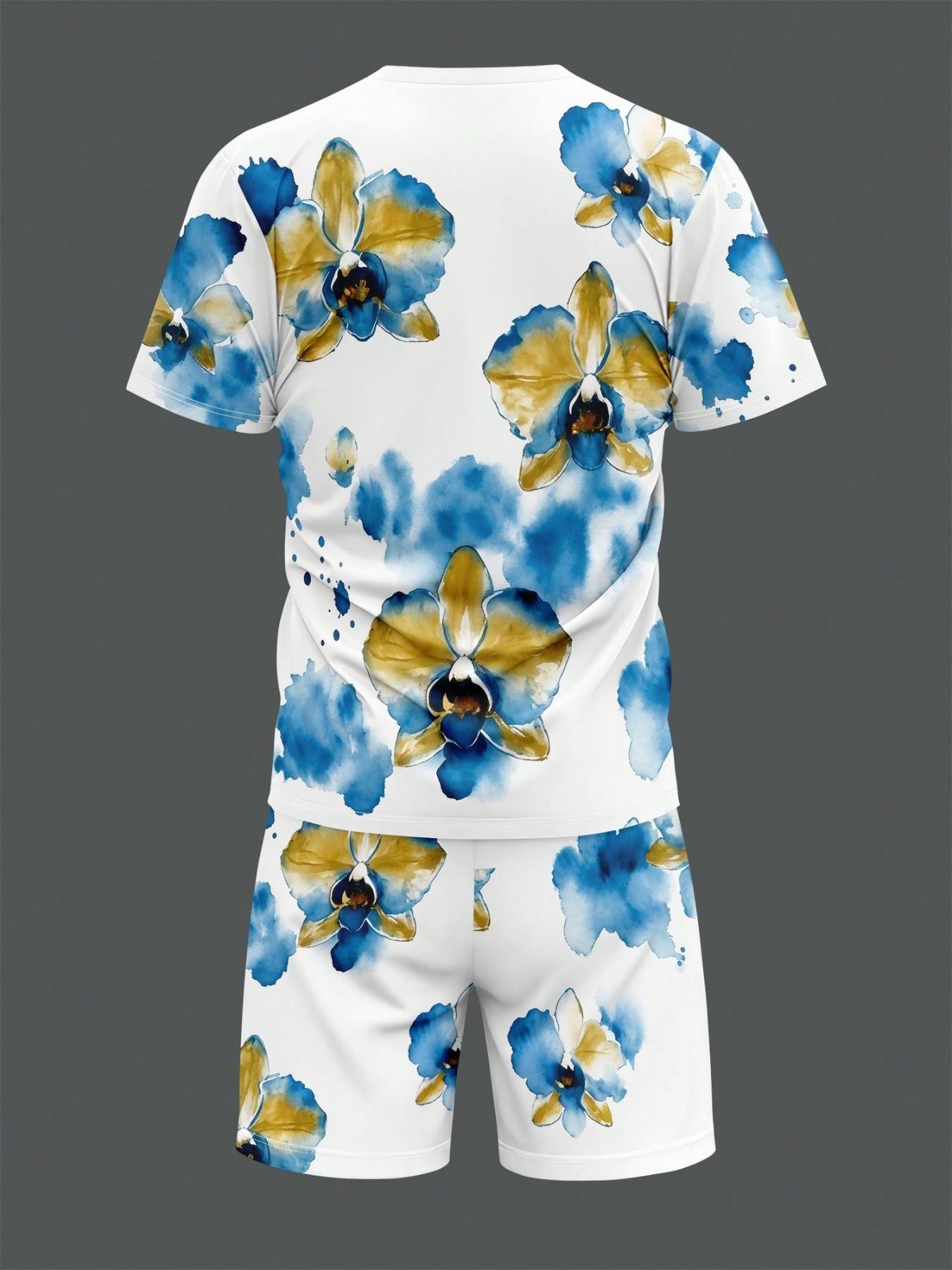 Summer Men's Outdoor Round Neck Short Sleeve T-Shirt and Shorts Set, Floral All over Print, Casual Fitted Style, 2-Piece