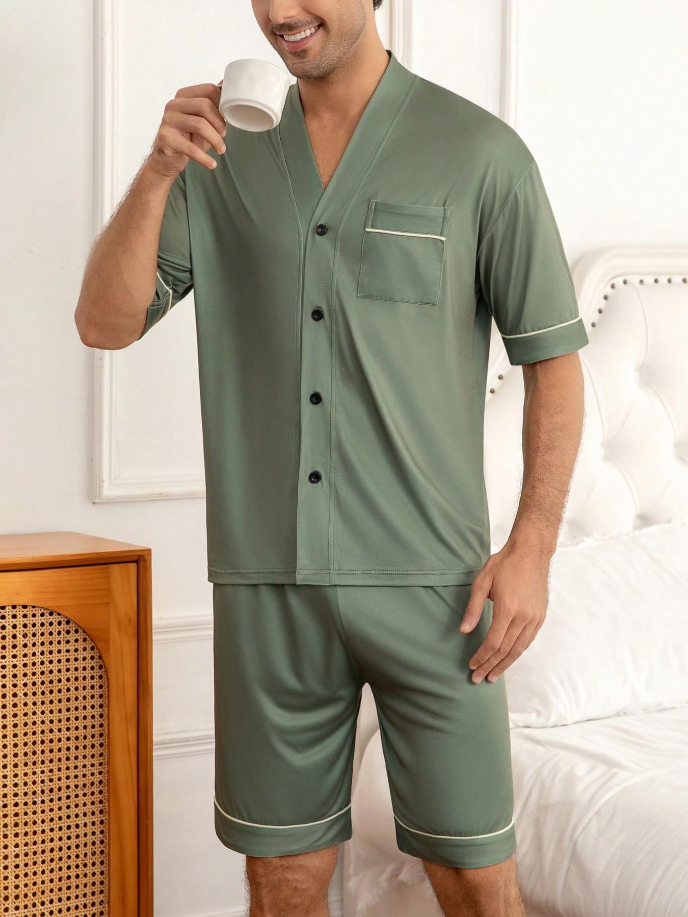 Men's Short Sleeve Pajama Set Pjs Pyjamas Homewear, Solid Color V-Neck Open Front, Contrast Trim with Pockets, Comfortable Sleepwear Loungewear Two-Piece Set