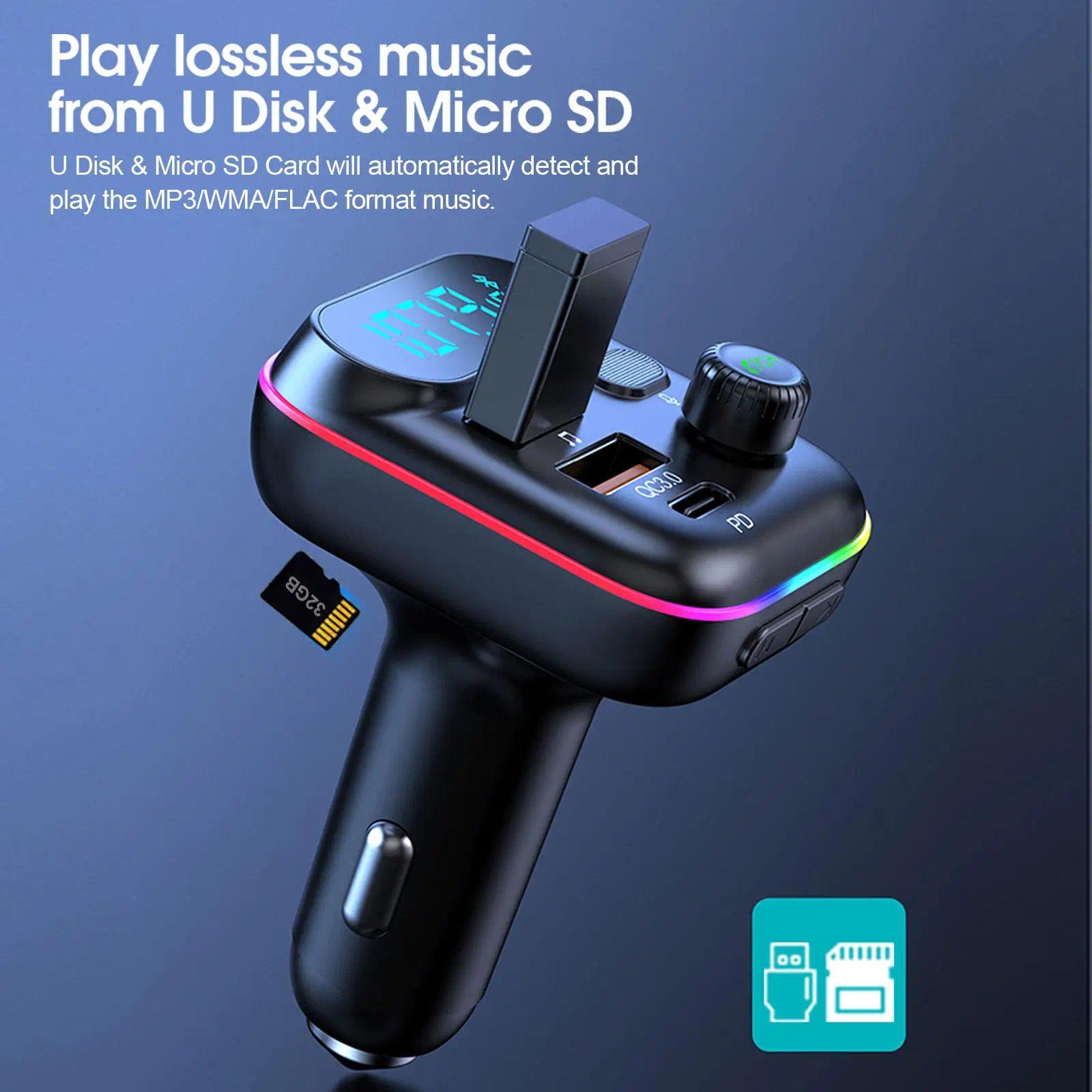 Bluetooth Car Adapter, In-Car FM Transmitter with Bluetooth 5.0, 18W PD Fast Charging, QC3.0, USB + PD Ports, Type-C, Colorful Ambient Light, Dual Music Player, Bluetooth Calling, Cigarette Lighter Accessory with Easy Setup