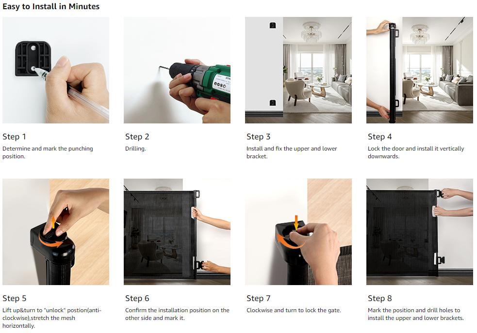 Retractable Baby Gate,Mesh Baby Gate or Mesh Dog Gate,33" Tall,Extends up to 55"/71"/118"/168"/197" Wide,Child Safety Gate for Doorways, Stairs, Hallways, Indoor/Outdoor（Black/grey/white）