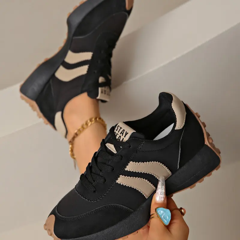 Comfortable Retro Striped Thick Sole Sneakers, Neutral Rubber Sole Walking Training Shoes, Lightweight Casual Sports Shoes, Anti-Slip Daily Wear