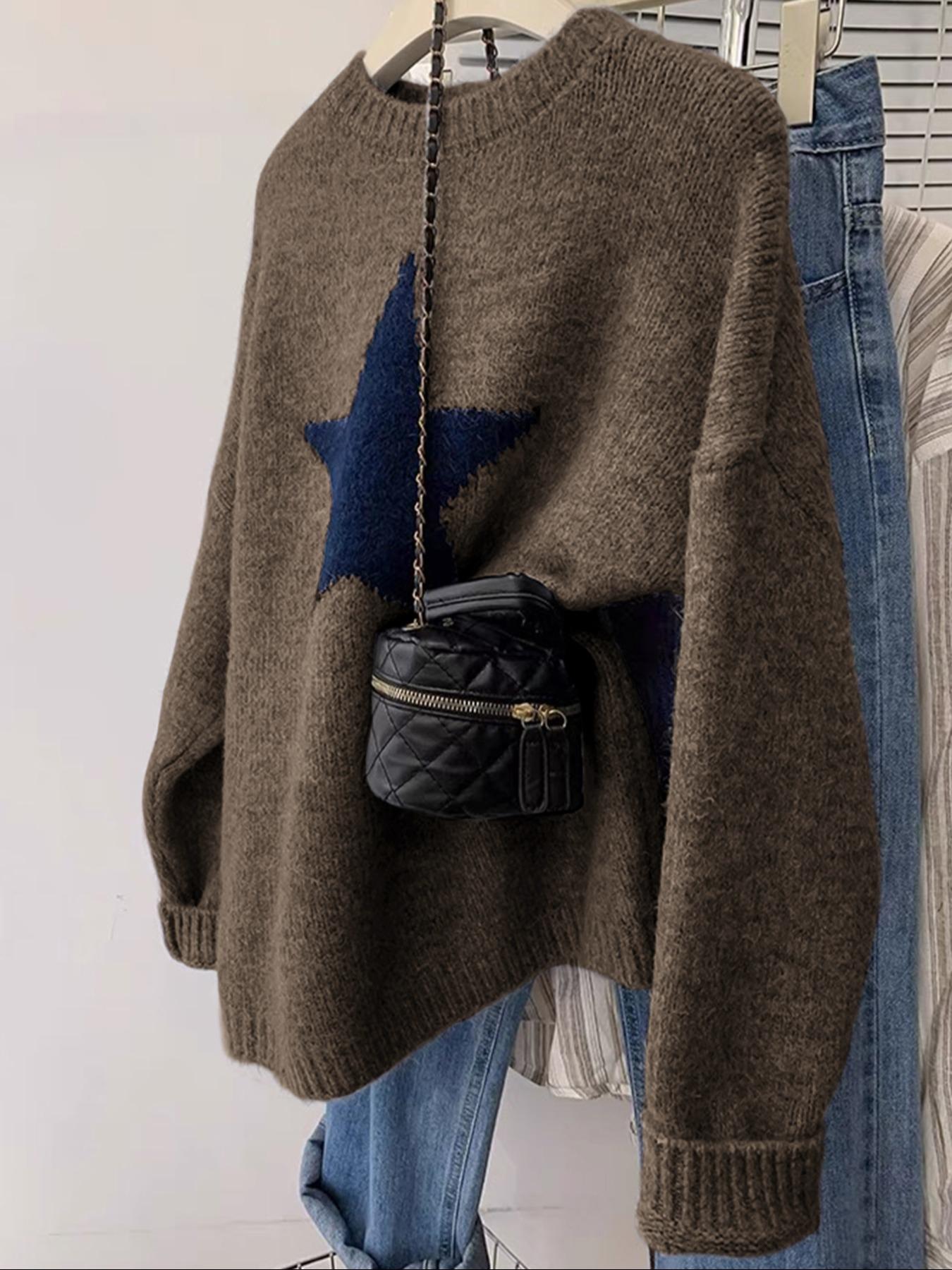 Daily Casual Commute Star Pattern Loose Long Sleeve Elegant Round Neck Lightweight Knit Sweater, Women's Fall & Winter Fashion, Comfortable Daily Wear