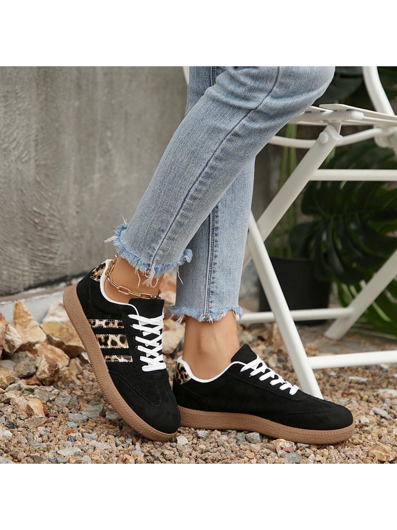 Women's 2.5cm Platform Leopard Print Sneakers, Black/Beige, Retro 3-Stripe Casual Shoes