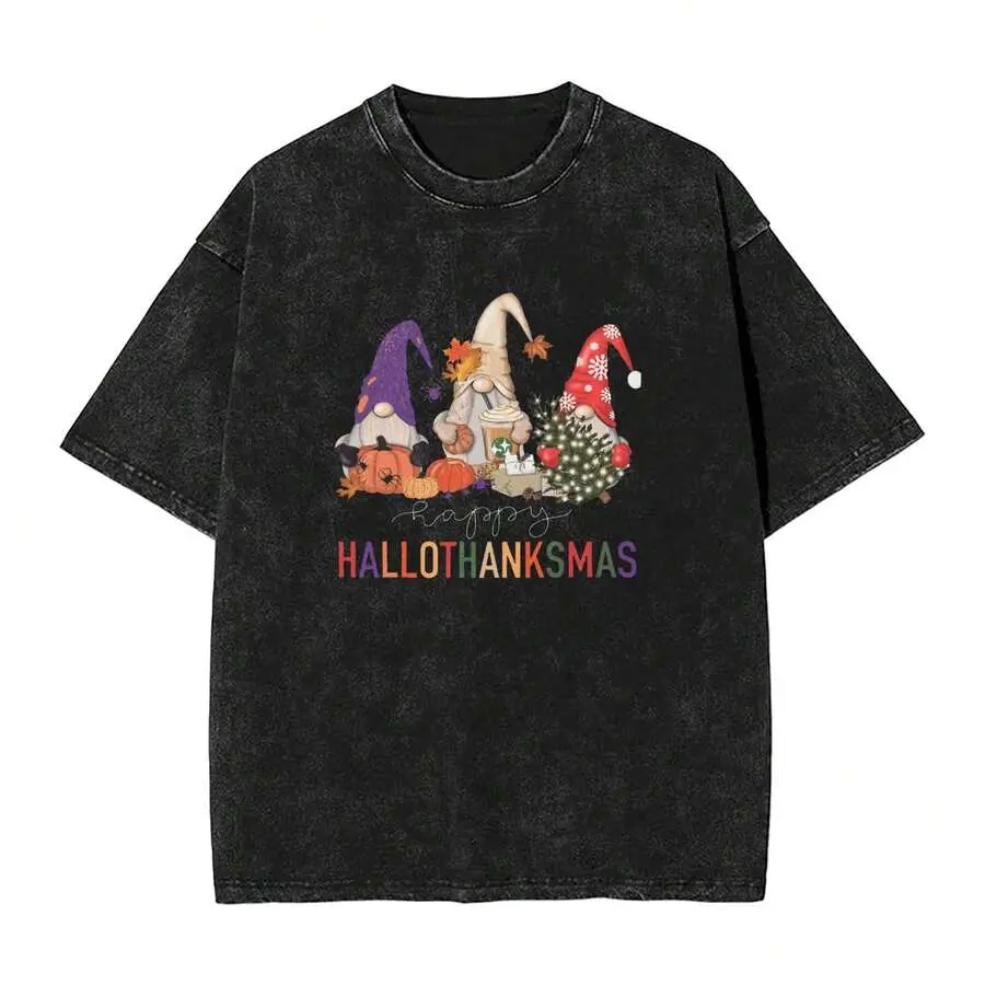 Halloween Thanksgiving Christmas Gnome Happy HallothanksMas Graphic Tee Vintage Washed Cotton Short Sleeve T-Shirt, Casual Round Neck, Summer Casual Fashion, Daily Wear Top
