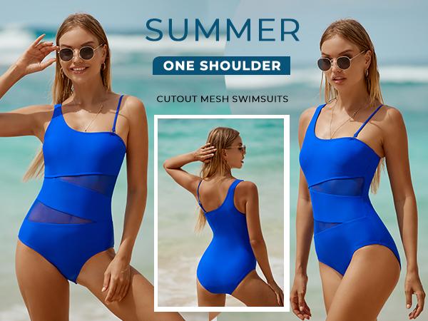 Tempt Me Women One Shoulder One Piece Swimsuits Full Coverage Cutout Mesh Sexy Bathing Suits Tummy Control Swimwear