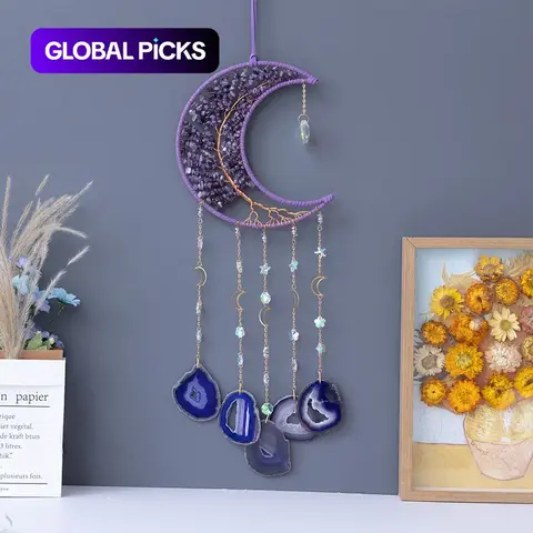 Crystal Tree of Life Dream Catcher with Moon and Large Agate Pendant, Handmade Hanging Home Decor Ornaments, Decoration Items, Boho Decor, Hanging Room Decor, Creative Christmas Gift for Friends #GLOBAL PICKS