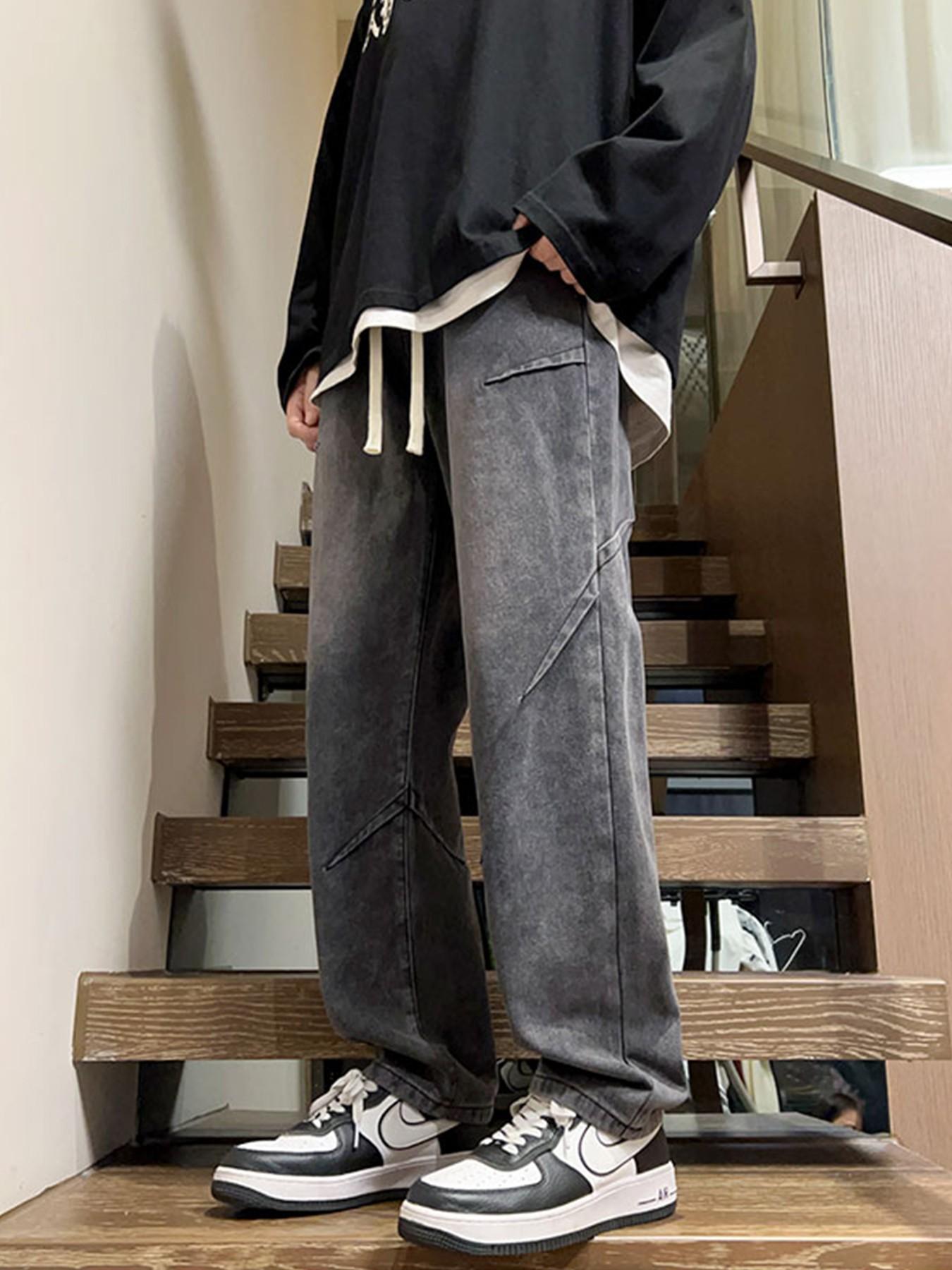 Men’s Light Blue Washed Jacquard Baggy Jeans with Drawstring Waist and Asymmetric Panel Details, Wide Leg Streetwear Denim Pants