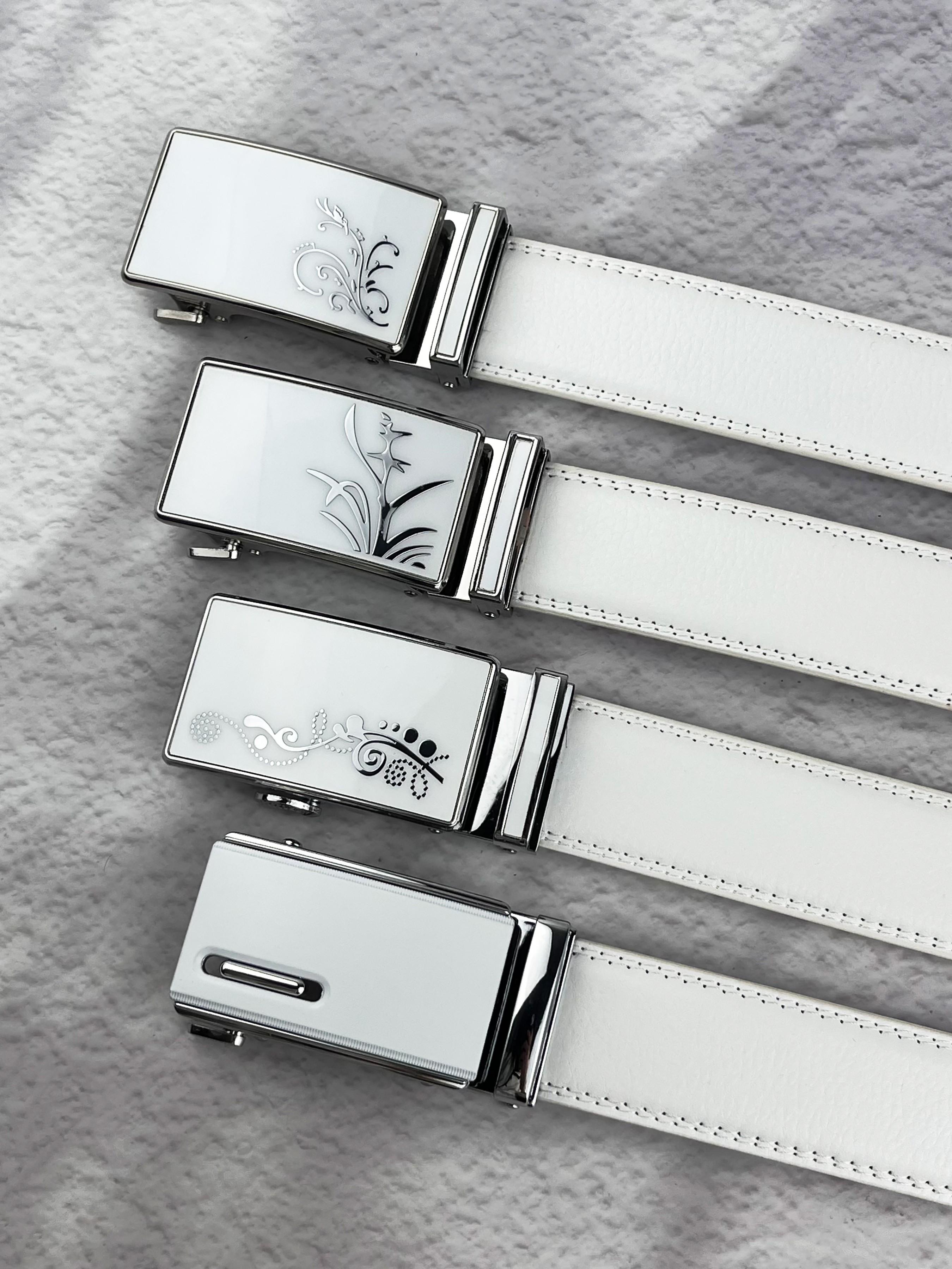 Men's and women's white alloy automatic buckle, 3.5cm/1.38in wide ratcheting slot white belt, elegant and stylish, suitable for daily commuting, outings, dates, and leisure vacations.
