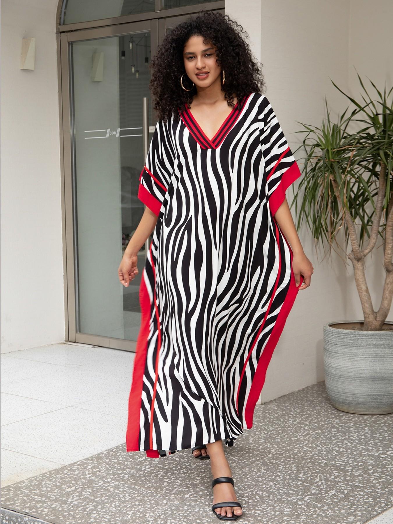 EDOLYNSA Striped Women's Casual Kaftan Long Dress Oversized Chic Bohemian House Robe Beachwear Vacation Bathing Suit Cover Up Lounge Wear